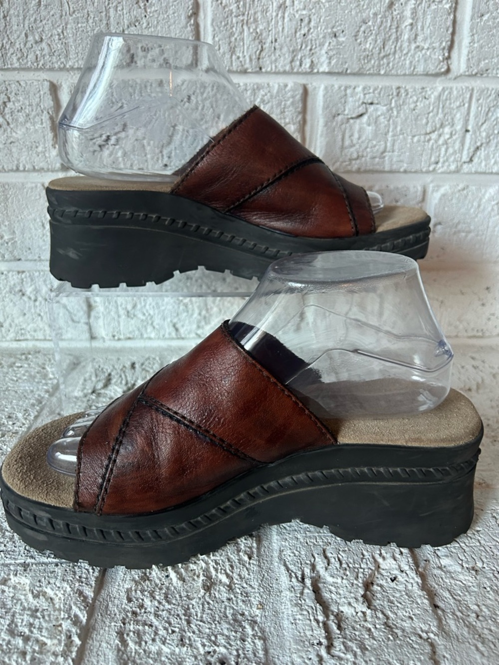 Vintage Platform Brown Leather Patchwork Chunky Slides Y2K 90S Lug Sole Wms 9
